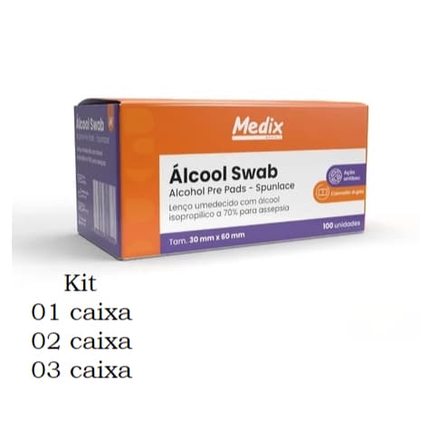 Álcool Swab Isopropílico 70% Lenço Umedecido Medix 100un - Kit com 01, 02 03 e 05 cxs