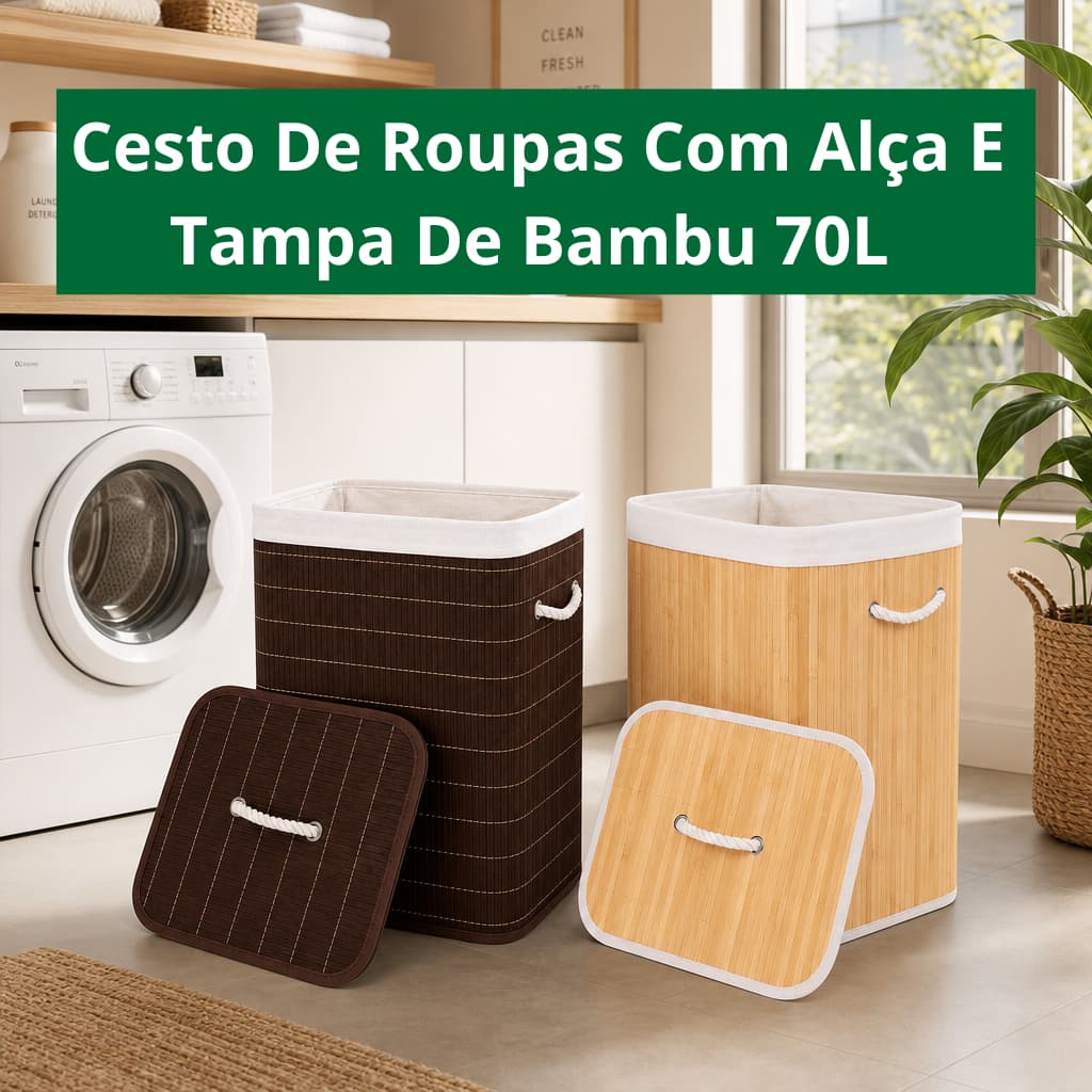 Cesto Organizador De Bambu 70L Com Tampa E Alças Cesto De Roupa Multiuso Lavanderia Quarto Banheiro
