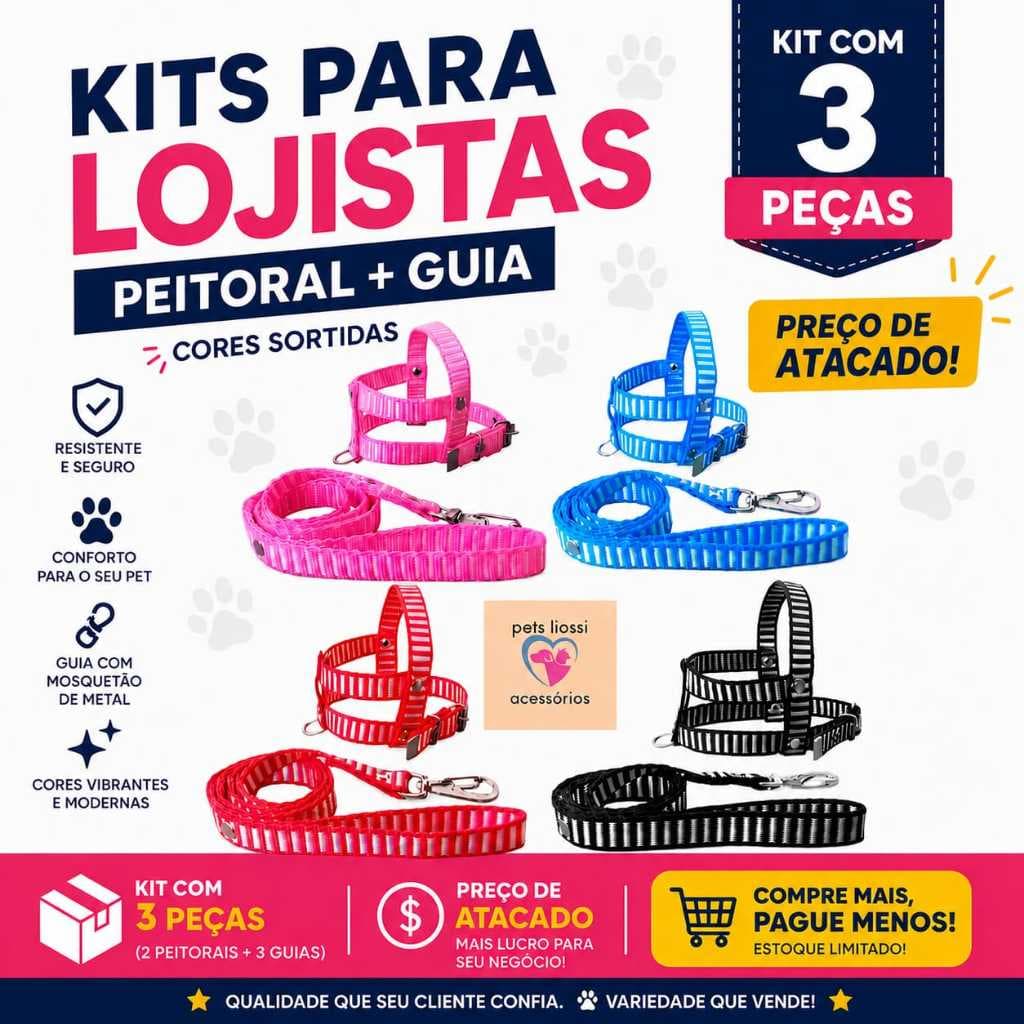 KIT3 PEÇAS COLEIRA PEITORAL + GUIA CÃES PORTE PEQUENO E CACHORRO GATOS DIRETO DE FABRICA