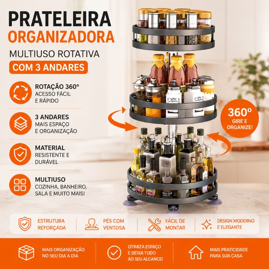 Prateleira Organizadora Rotativa 3 Andares Multiuso Tempero Cozinha Sala Banheiro