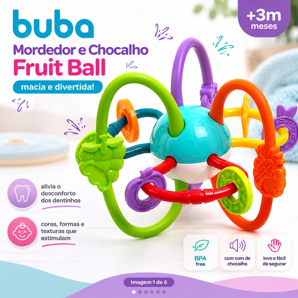 Mordedor e Chocalho Fruit Ball Brinquedo Educativo Buba Para Bebês