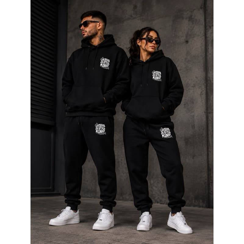 Conjunto Moletom Jesus Is Still King Unissex Flanelado Oversized Moletom + Calça Gospel Streetwear