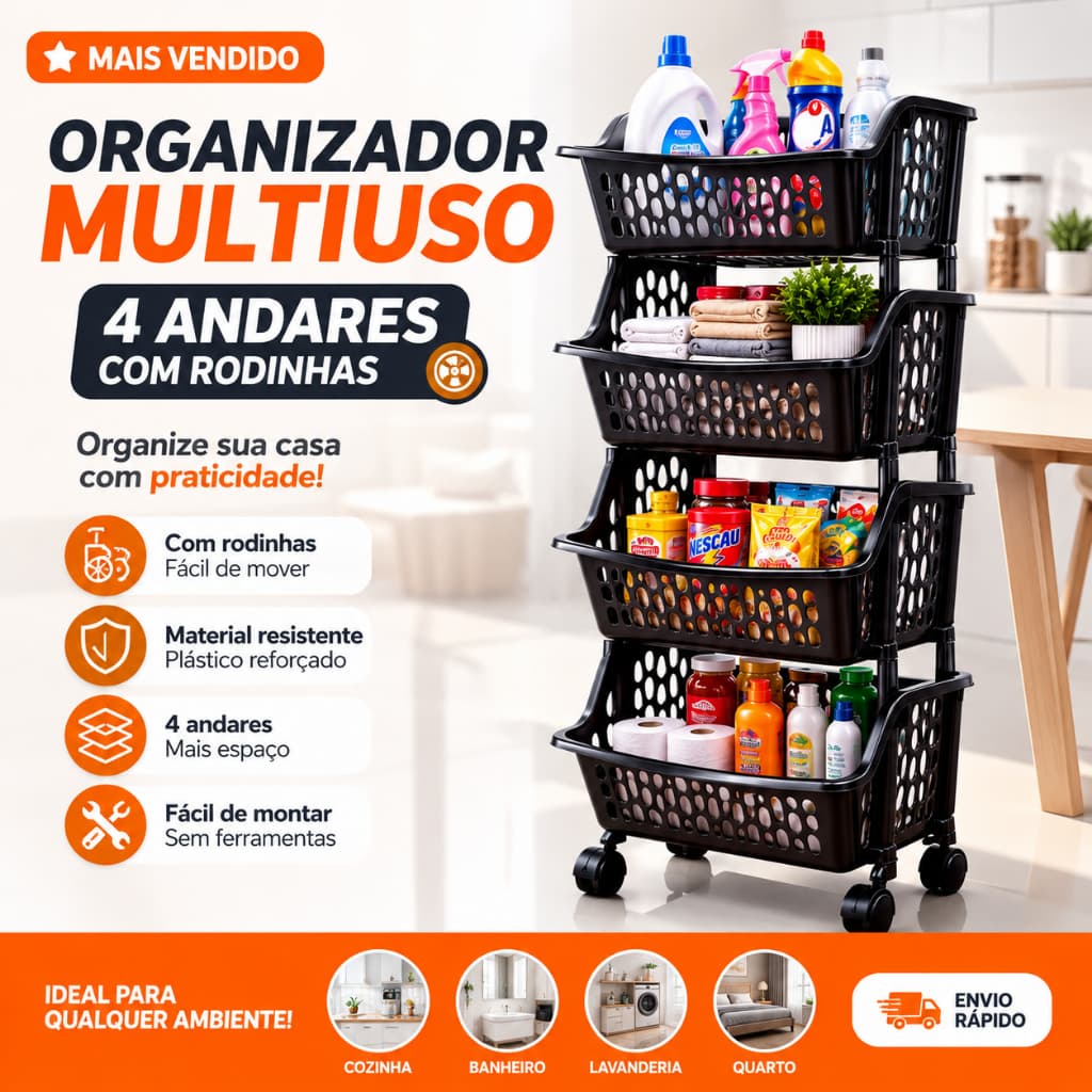 Organizador Multiuso 4 Andares Com Rodinhas Cesto Empilhável Cozinha Banheiro Lavanderia