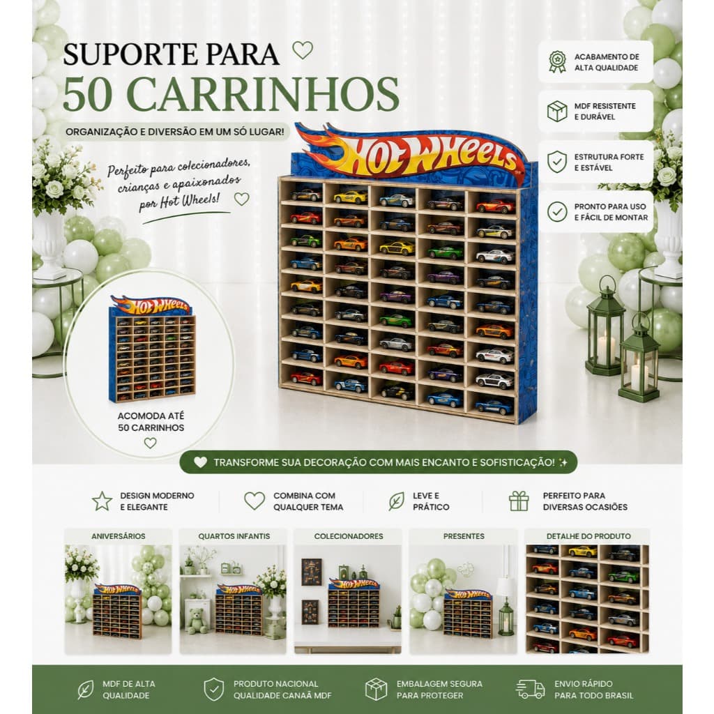 Suporte de parede para 50 carrinhos em mdf adesivado hotwheels AZUL