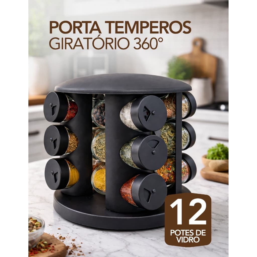 Porta Temperos Condimento 12 Potes Vidro Giratório 360° Organizador de Cozinha Suporte Preto Moderno Gourmet