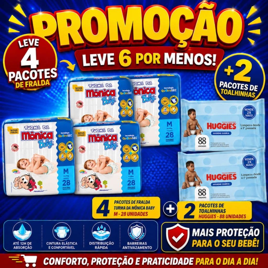 Kit 112 Fraldas Turma da Mônica M + 176 Toalhinhas Umedecidas Huggies
