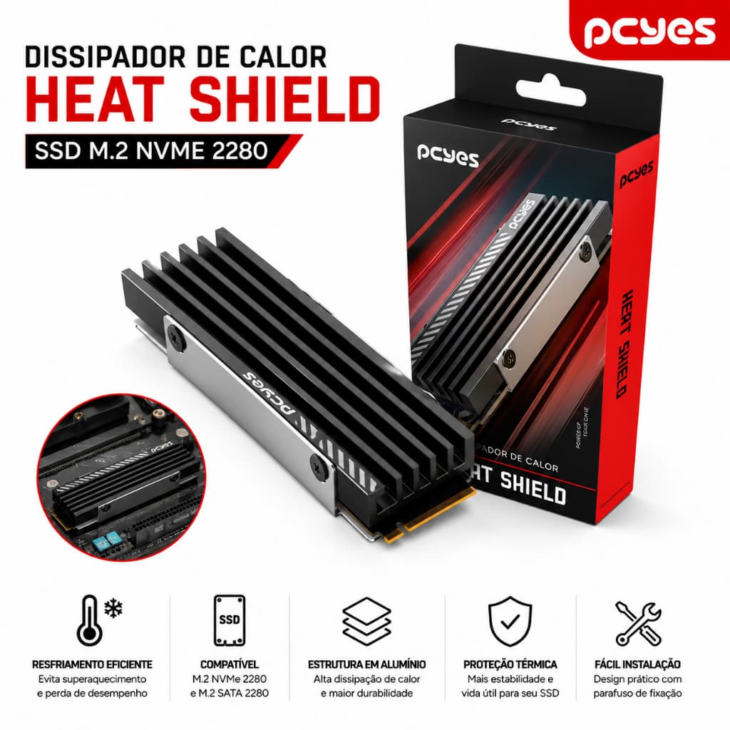 Dissipador De Calor SSD M.2 NVMe 2280 Heatsink PCYES PHS2280BK Compatível PS5 PC Gamer