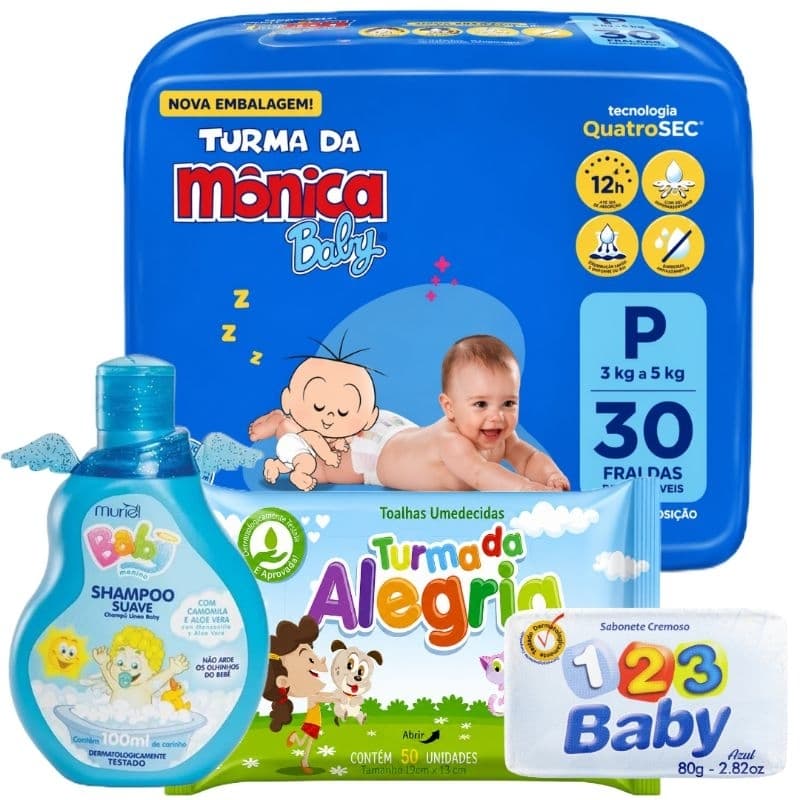 Kit chá de bebê Presente Fralda Turma da Mônica + lenço + shampoo + Sabonete Menino Azul