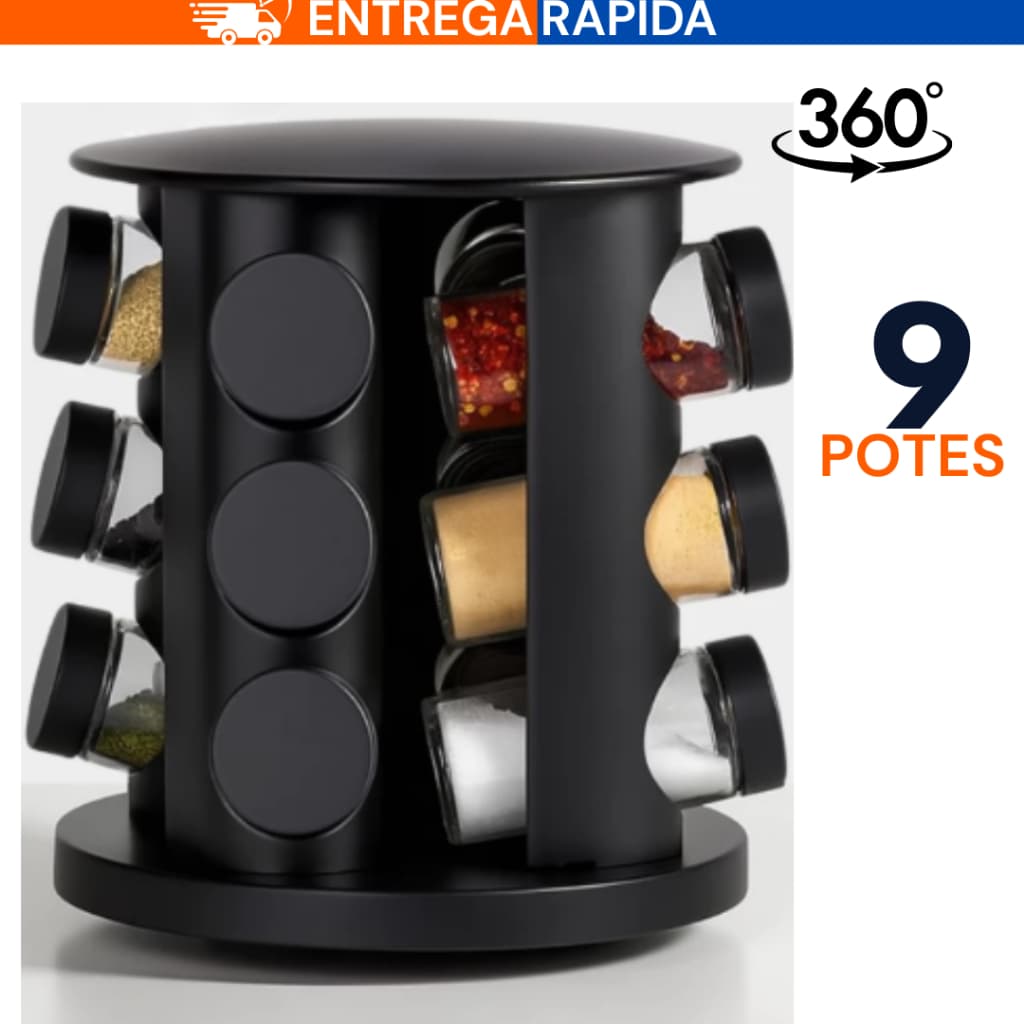 Porta Temperos Giratório 9 Potes Profissional Vidro Tampa Dosadora Preto Condimento Premium PROMOÇÃO