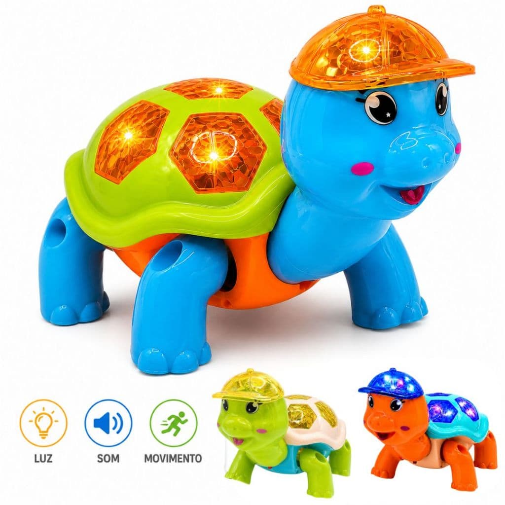 Brinquedo Tartaruga Fujão Elétrico com Som Luz LED e Movimento Automático Infantil Educativo Bebê