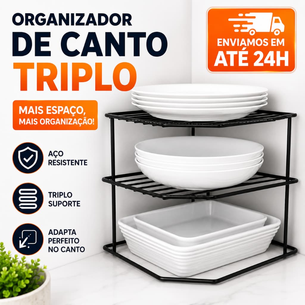 Organizador De Canto Triplo Para Armário Cozinha Suporte Para Pratos  Multiuso Aço Resistente