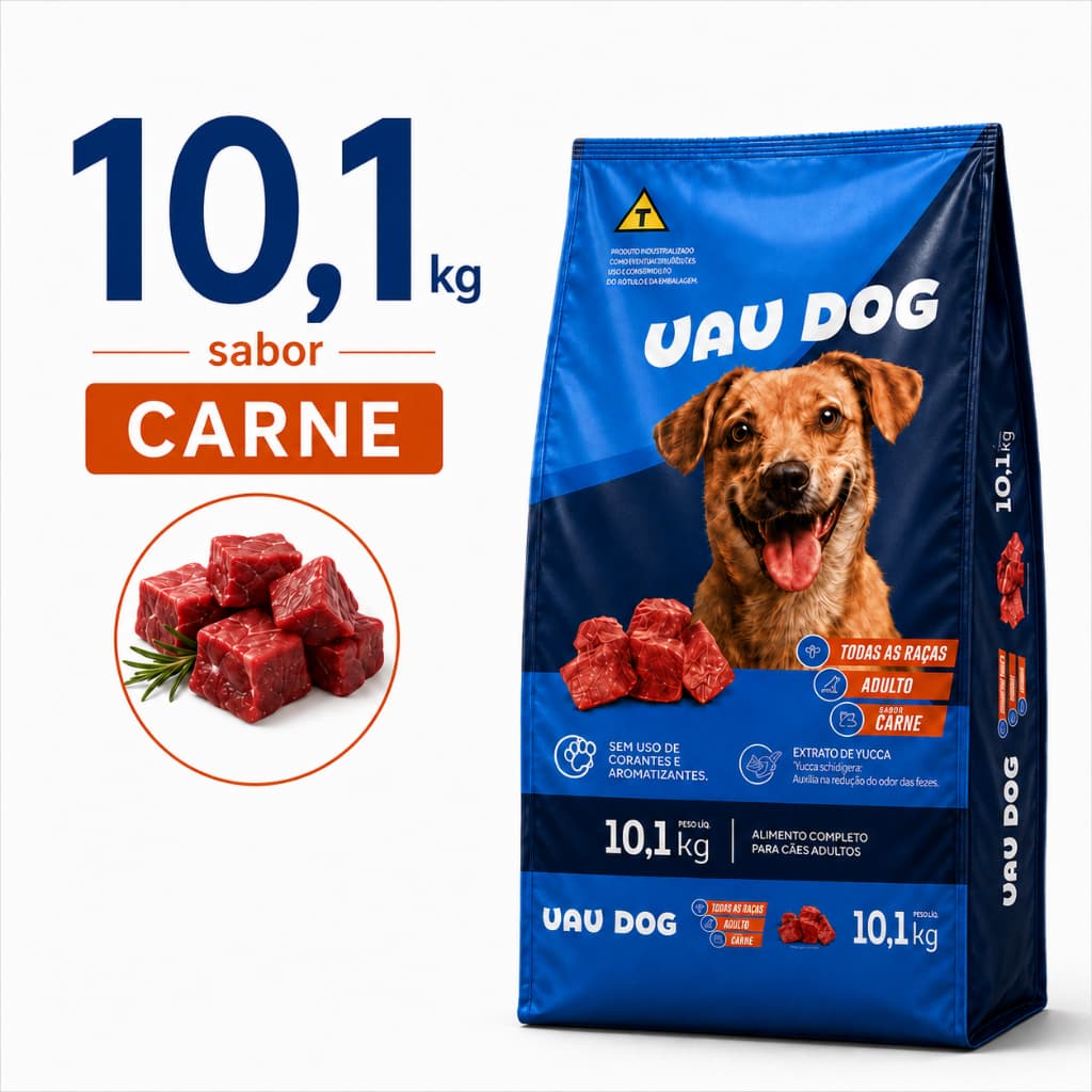 Ração Cachorro Adulto 10,1kg Sabor Carne 18g Proteína Alta Aceitação Todas as Raças UAU DOG
