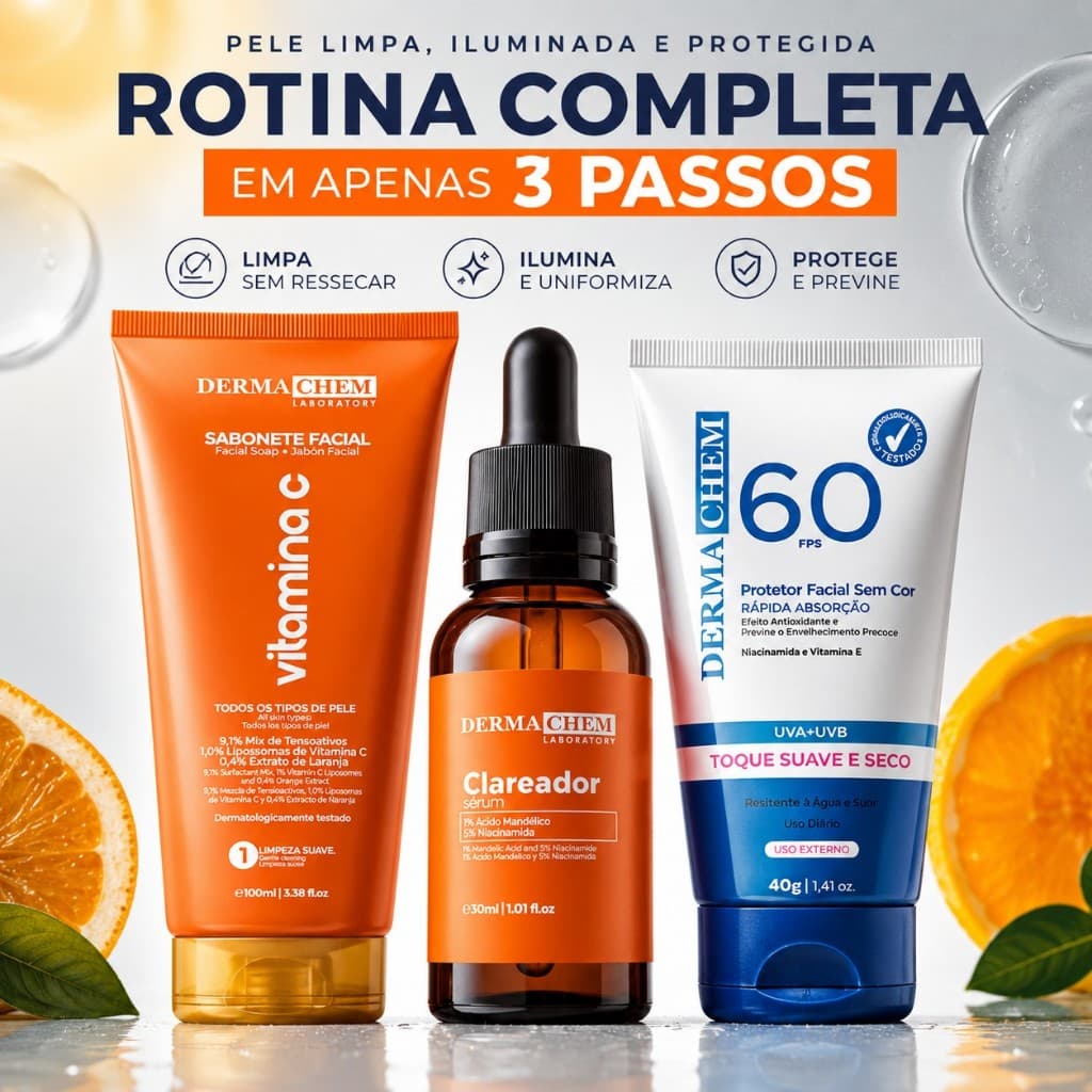 Kit Skincare Clareador Facial Vitamina C com Sabonete Facial Sérum e Protetor Solar Facial FPS 60