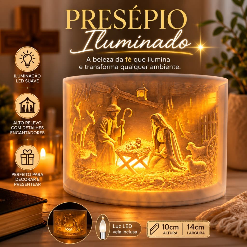 Kit Luminária Presépio com LED + Letreiro Jesus + Luz Vela LED | Decoração Religiosa Especial