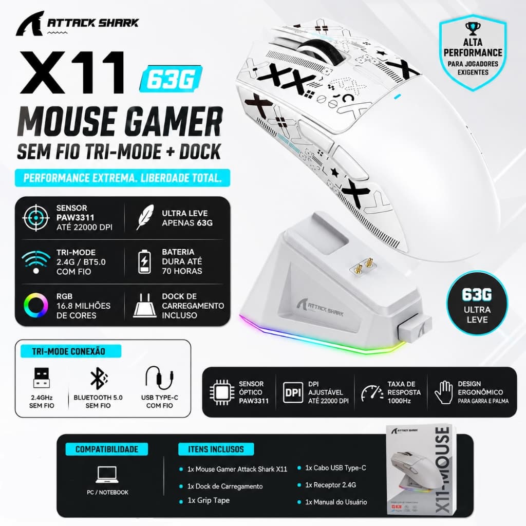 Mouse Gamer sem fio Attack Shark X11 63g PAW3311 22000DPI RGB Tri Mode + Dock