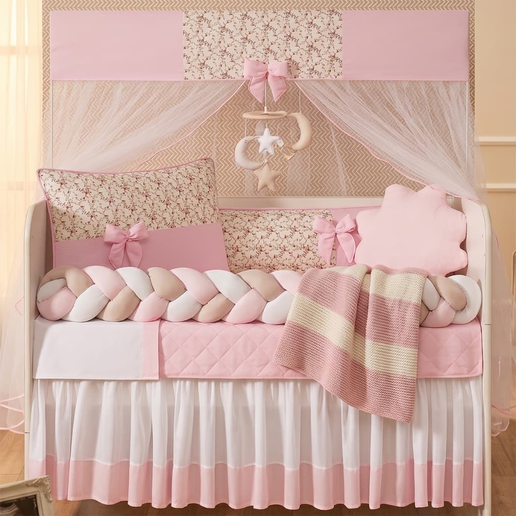 Kit Berço Americano 11 Peças Doce Rosa com Trança – Enxoval Completo Menina