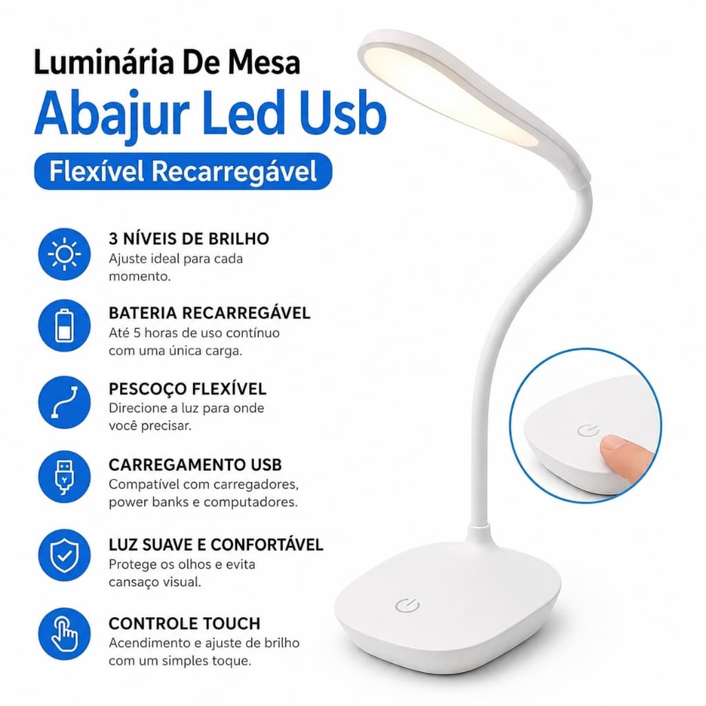 Luminária De Mesa Abajur 14 Led Usb Flexível Recarregável  led 3 níveis de intensidade