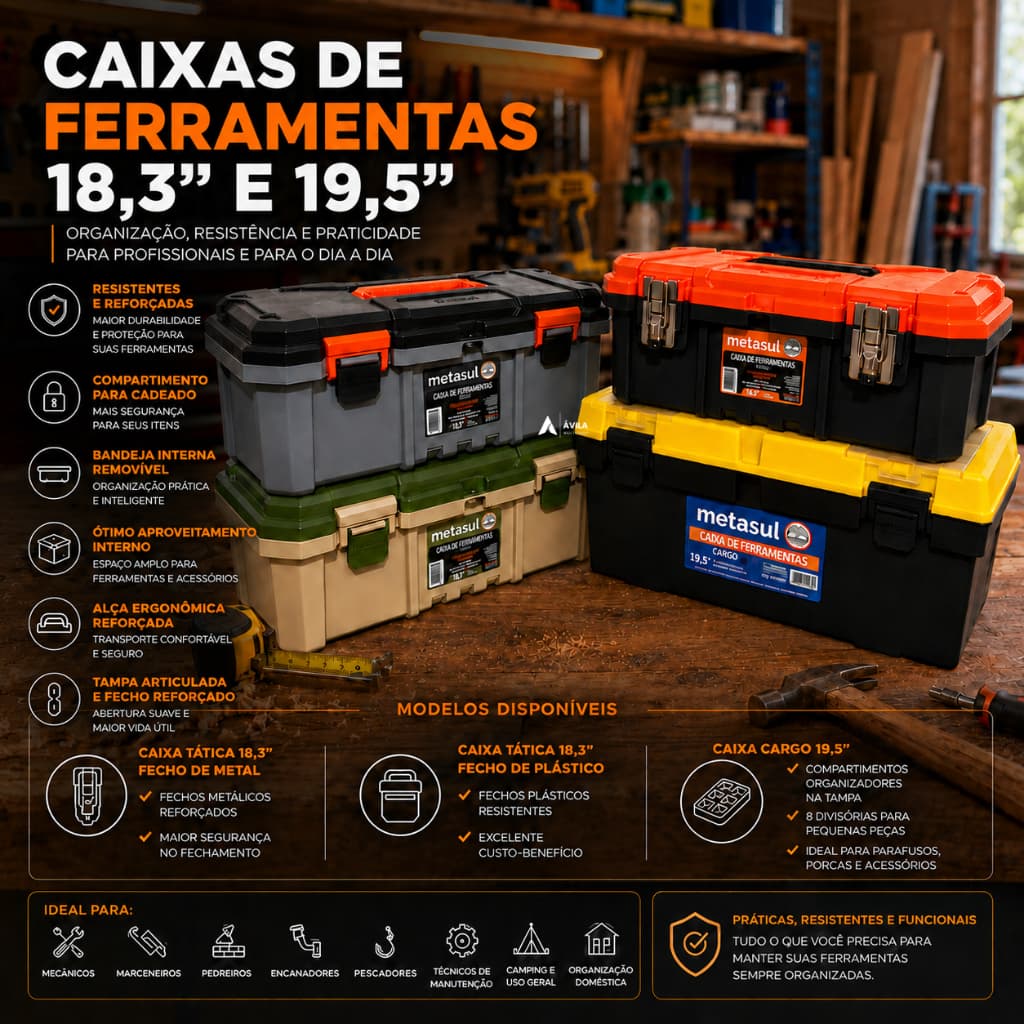 Caixa de Ferramentas 18,3" e 19,5" C/ Bandeja Fecho Alça Compartimentos Maleta Mecânico Marceneiro Eletricista Pesca