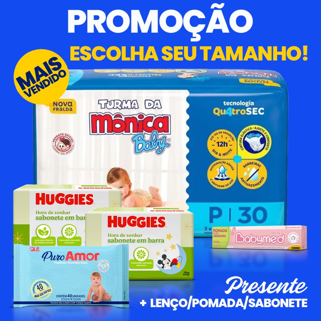 Kit 3 Fralda Descartável Turma da Monica + 2 Sabonetes + 1 Lenço Umedecido + 1 Pomada de Assadura para bebê