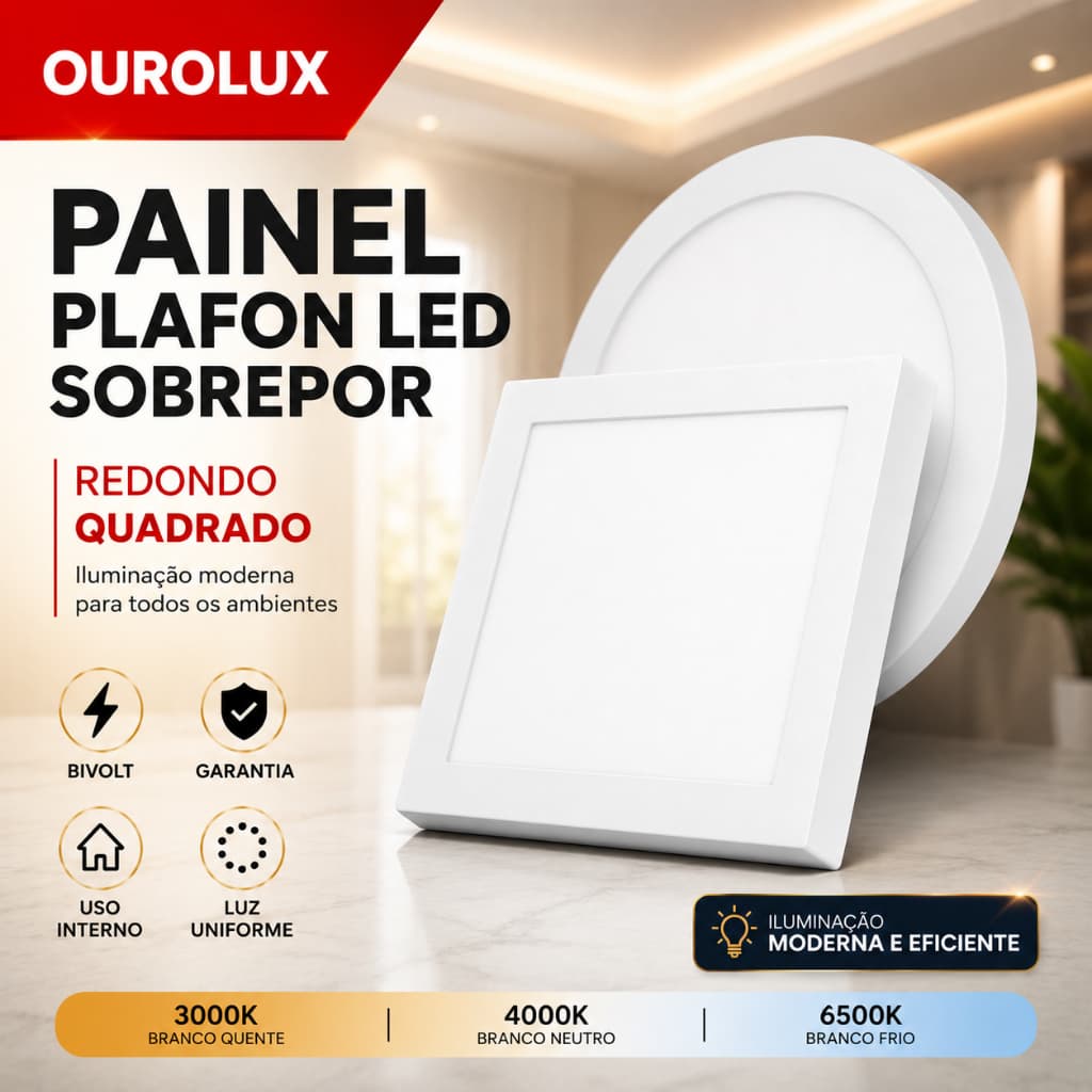 Painel Plafon Luminária Led Sobrepor Slim Quadrado Redondo
