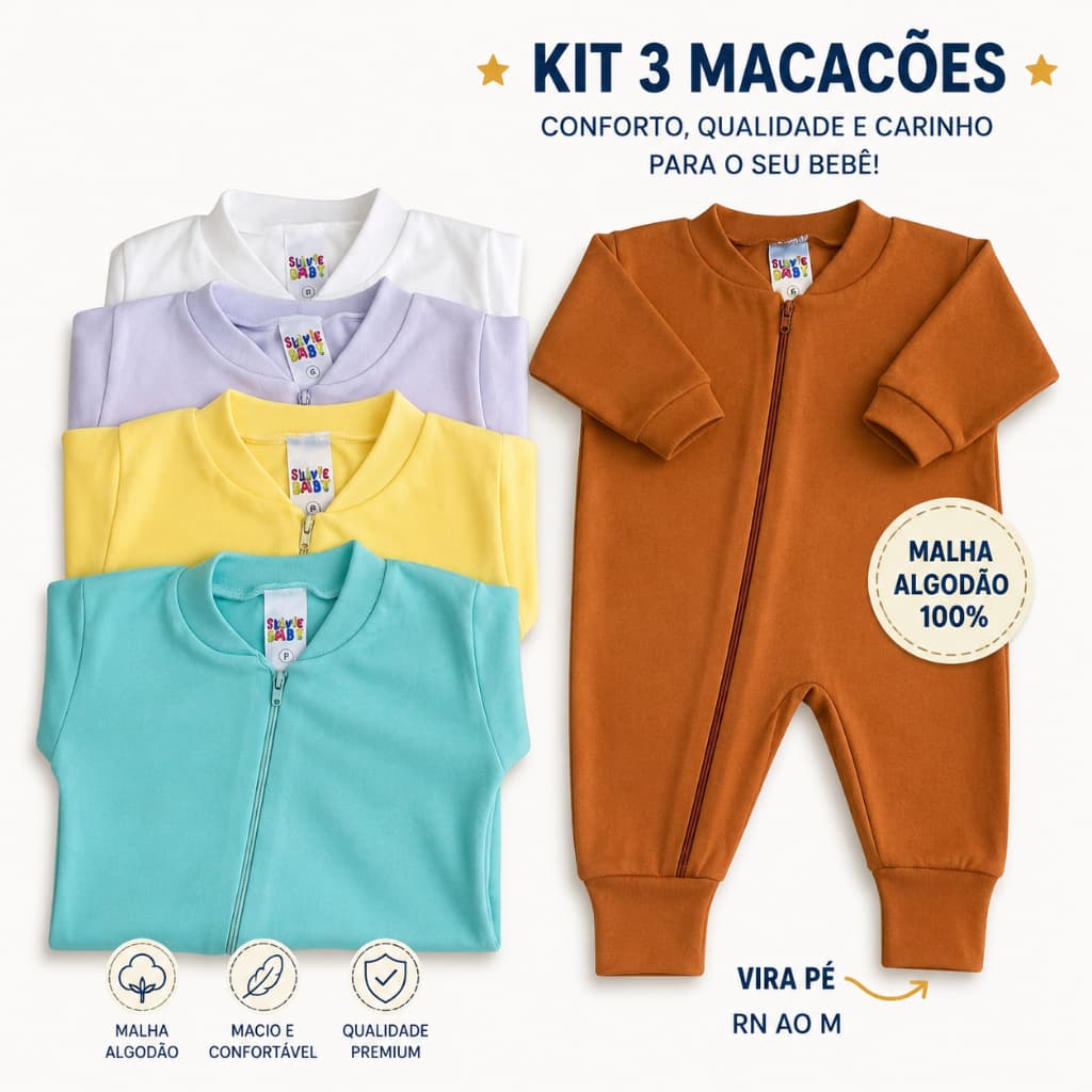 Kit 3 Macacão Bebê Com Zíper e Vira Pé Enxoval 100% Algodão RN ao M saída de maternidade