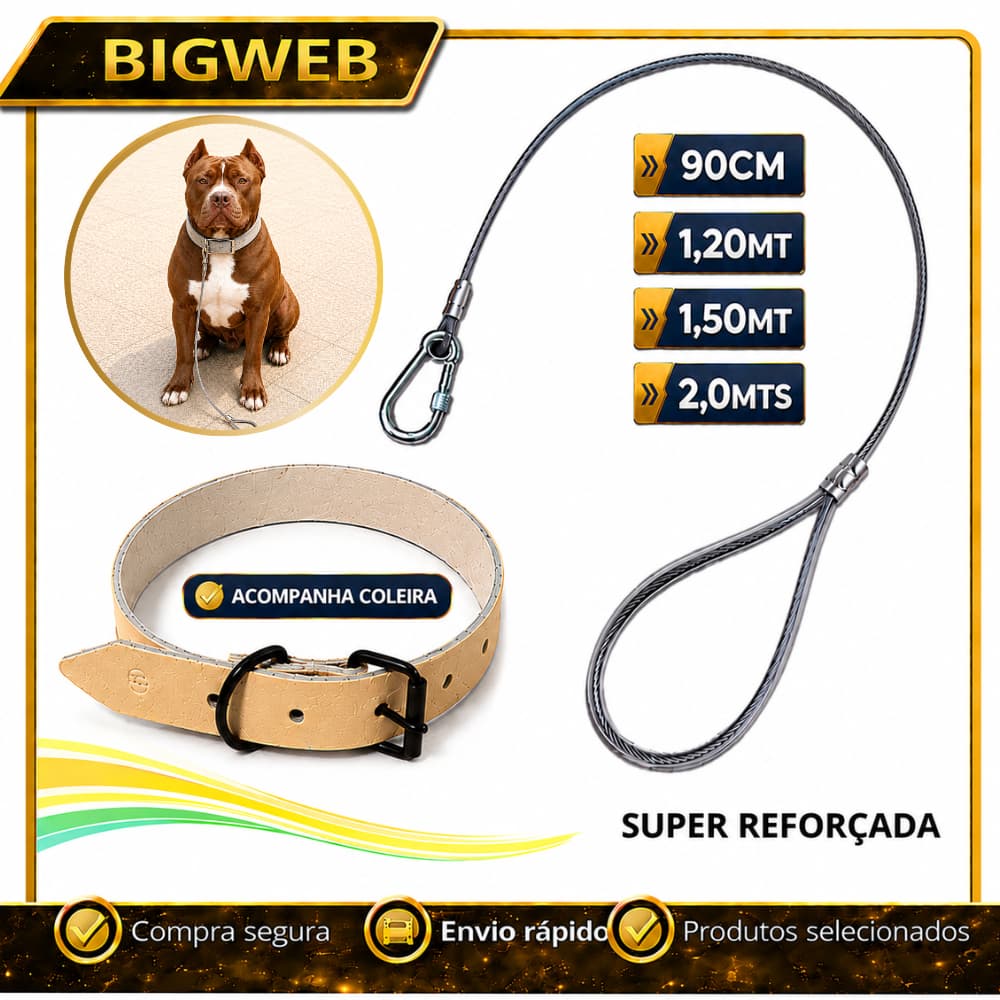 Guia Passeio Reforçada Cabo Aço Com Coleira Cachorro Médio e Grande Porte Cães Reforçada Escolha o Tamanho