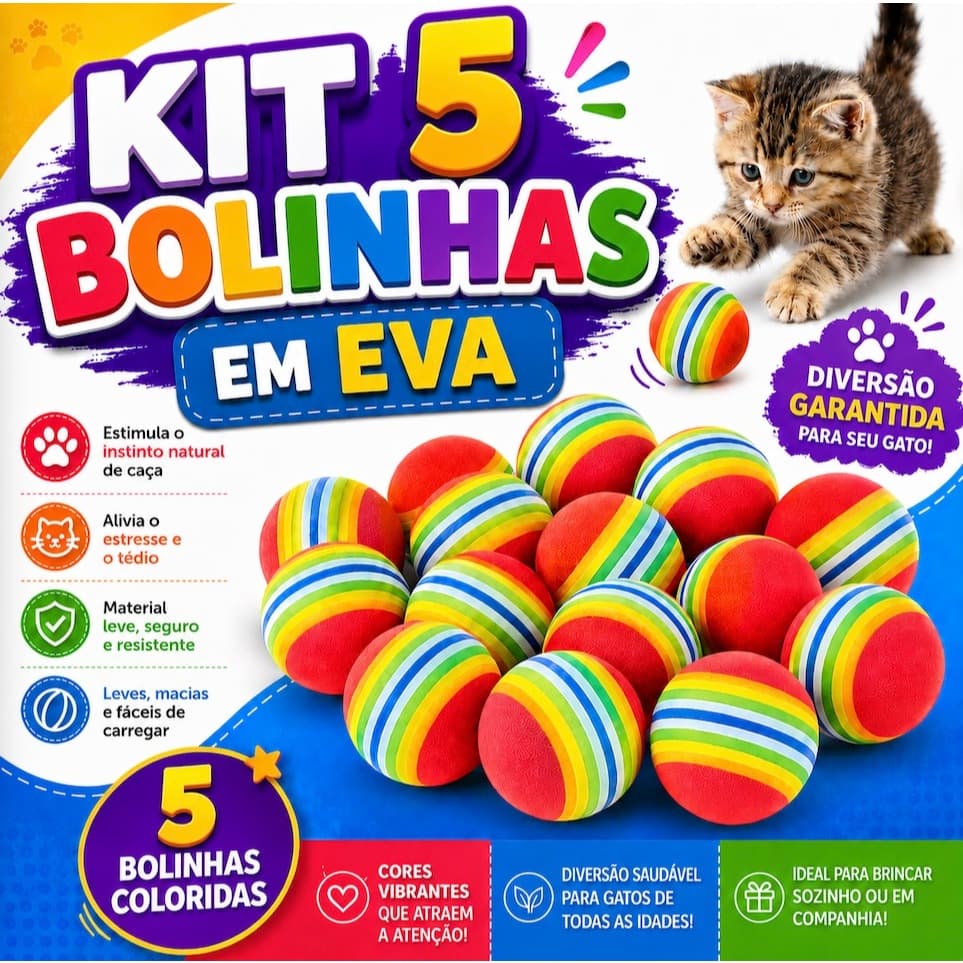 Kit 5 Bolinhas Para Gatos Espuma EVA Colorida Rainbow Brinquedo Para Animais