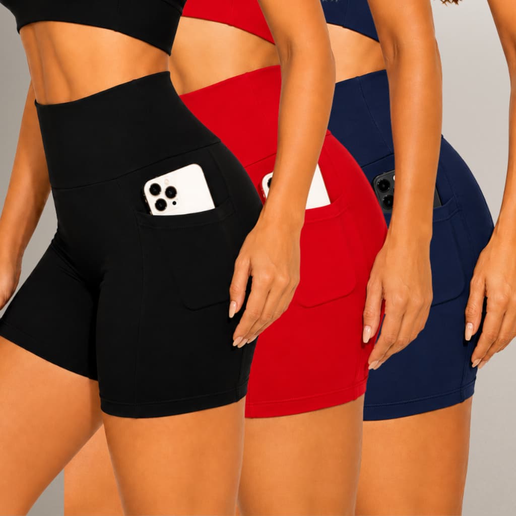 KIT 03 Shorts Feminino Fitness Suplex Alta Compressão Bolso Lateral Cós Alto Academia Exercicio