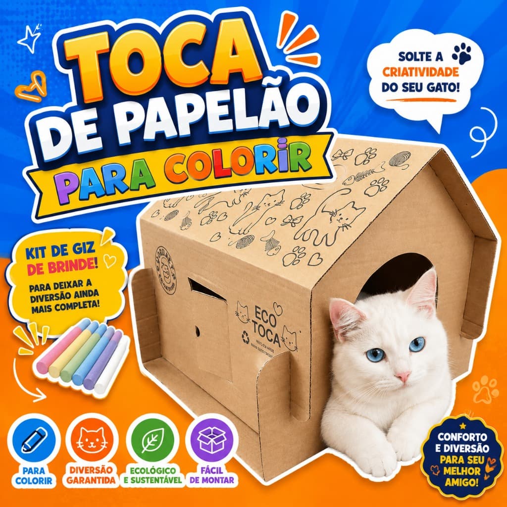 Toca Casinha para Gato e pets para colorir de papelão com brinde
