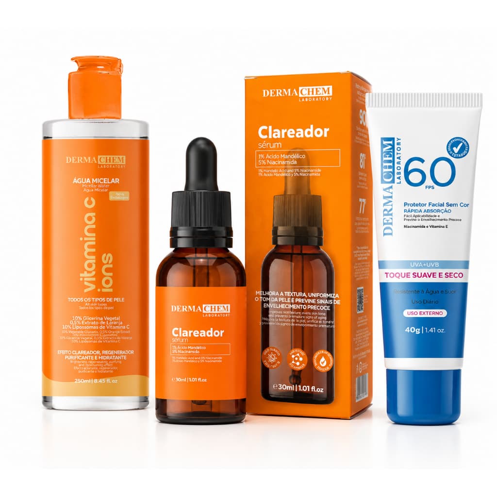 Kit Sérum Aguá Micelar e Protetor Solar FPS 60 Limpeza Tratamento e Proteção Vitamina C, Anti Idade