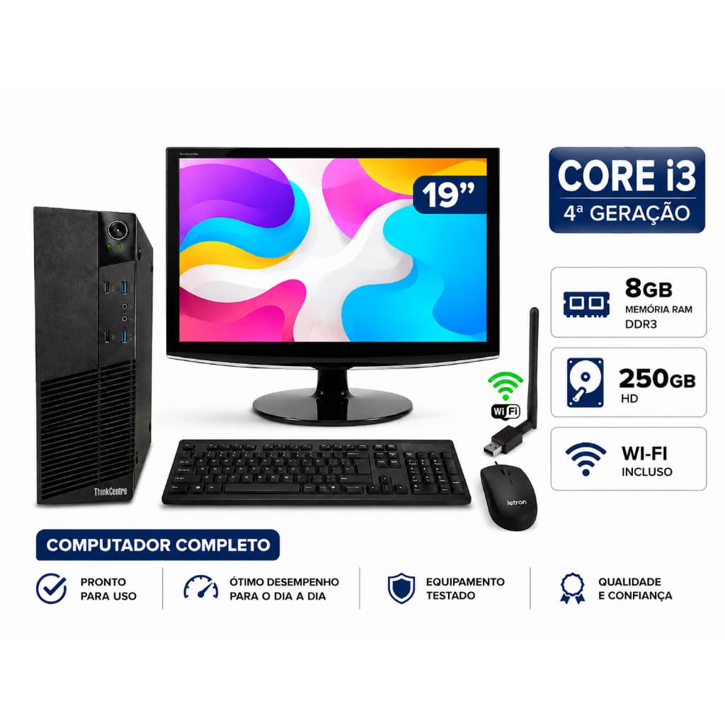 Computador Completo Intel 4ª Geração Com 8Gb Ram 250 gb HD Tela 19" Wifi Pronto Para Usar