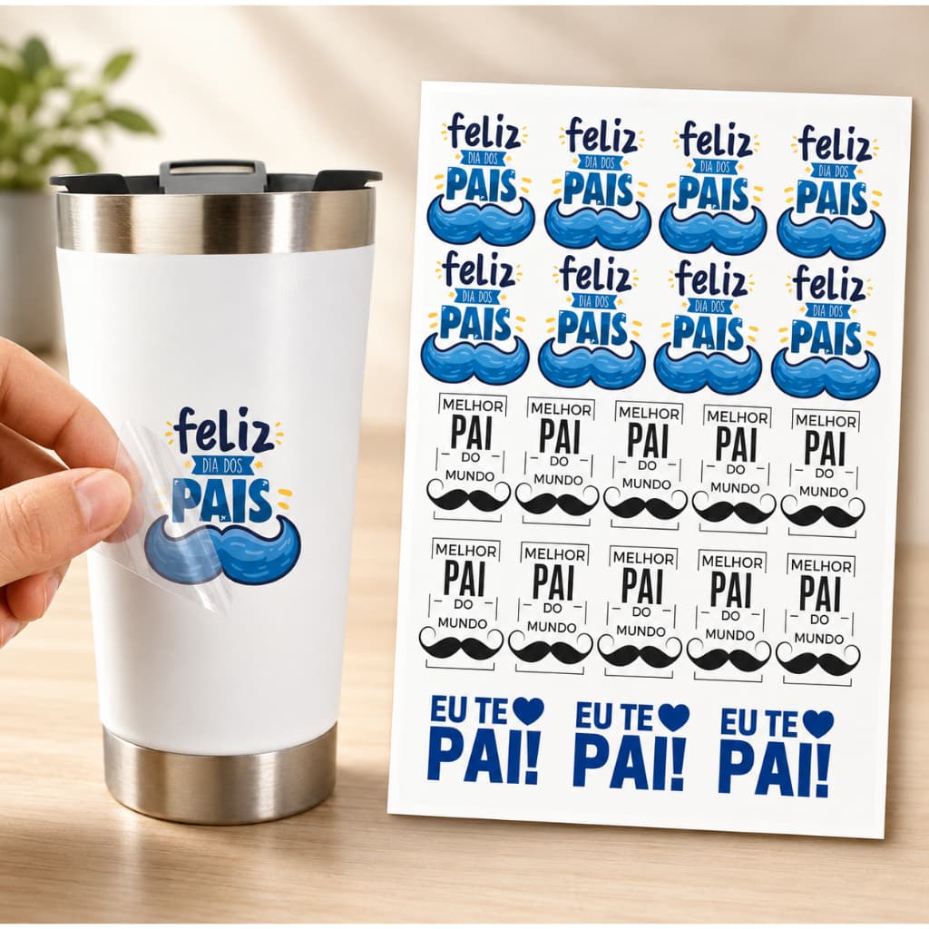 Cartela Adesivo DTF UV A4 - DIA DOS PAIS 2 - Para Personalizados, Lembrancinhas, Canecas, Copos, Garrafas e Presentes