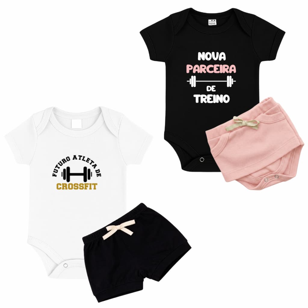 Conjunto Bebe Fitness Musculação Crossfit Frase Menina Menino Tematico