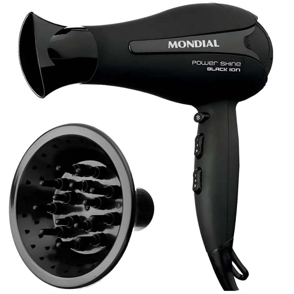 Secador De Cabelo Mondial 2000w Ions Power Shine Profissional Salão Ar Quente e Frio Com Difusor De Cachos