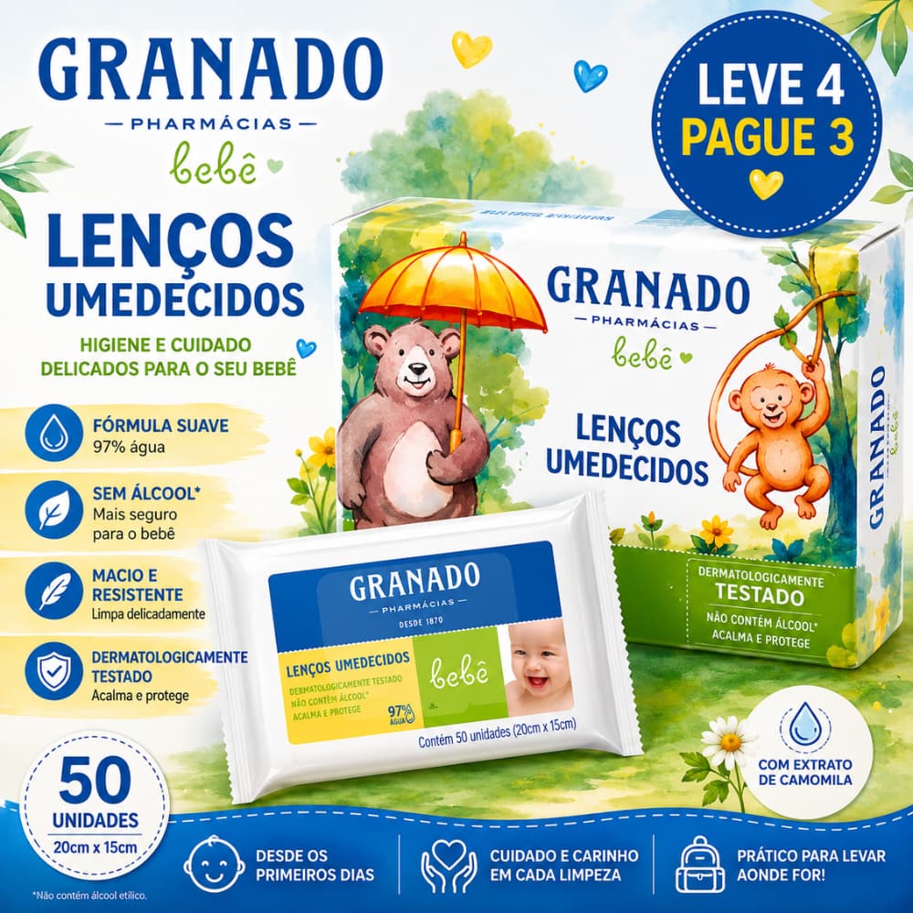 Kit Lenço Umedecido Granado Bebê Tradicional 4 Pacotes com 50 Folhas Cada