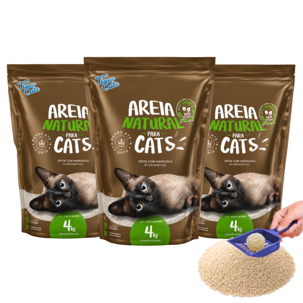 Kit 3 Areia Sanitária Higiênica pra Gatos Natural 100% Mandioca Biodegradável Tiger Cats 4kg Natural