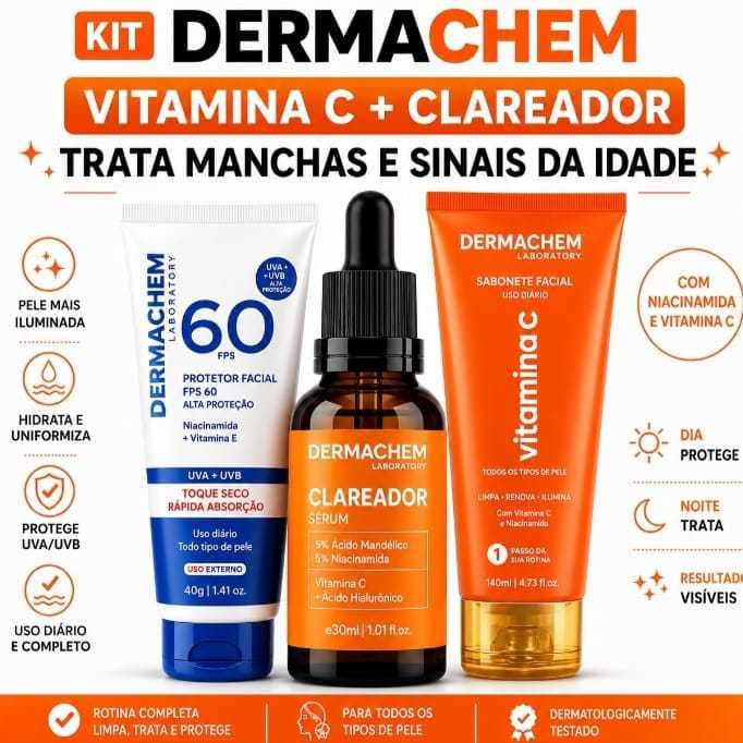 Kit Skincare Vitamina C Clareador Anti Idade + Protetor Solar Dermachem