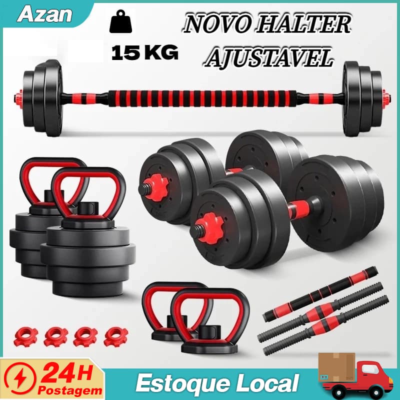 Kit Academia em Casa 15kg Halteres Ajustáveis,Inclui Barra Longa e Presilhas de Segurança