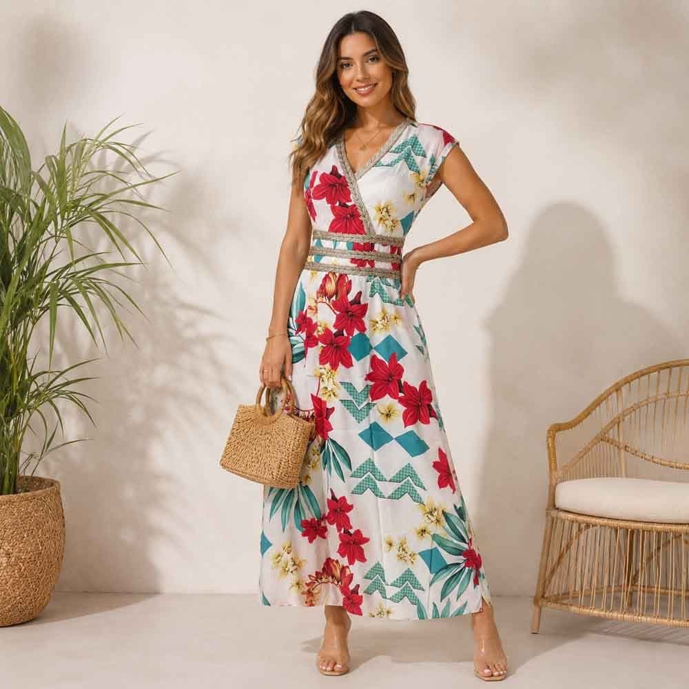 Vestido Longo Floral Feminino Decote V Manga Curta com Elástico nas Costas