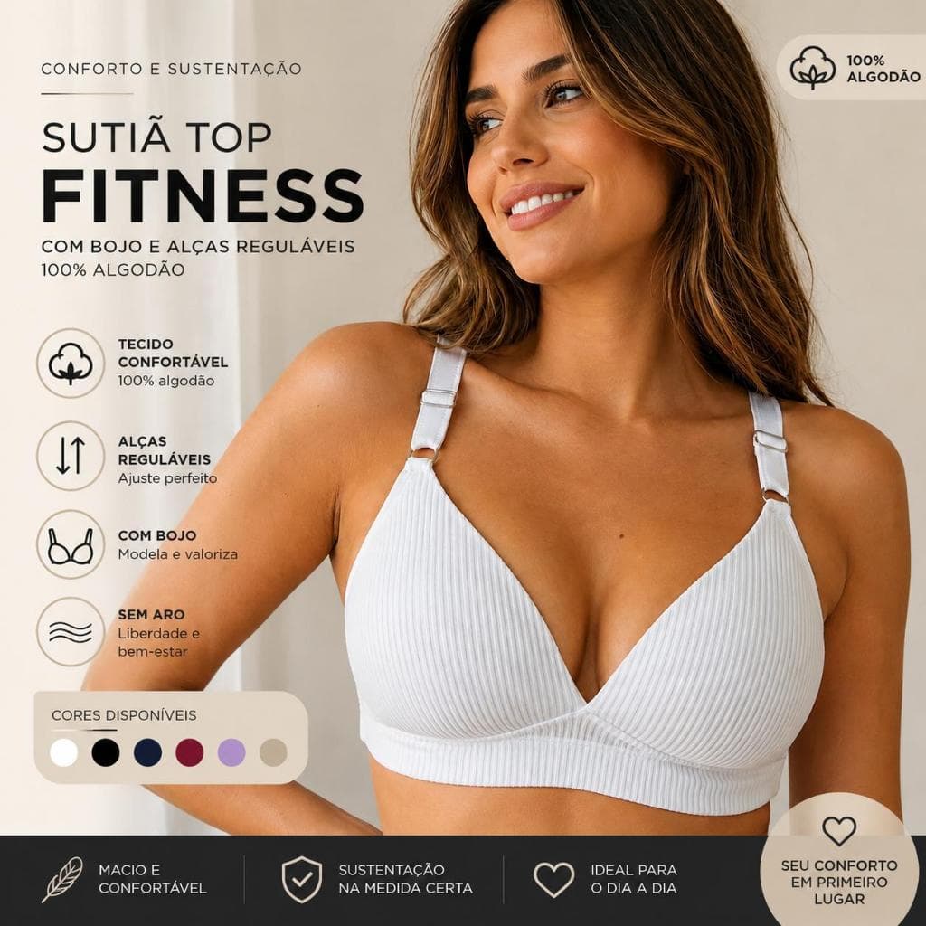 Sutiã Top Fitness com Bojo Alças Reguláveis 100% Algodão