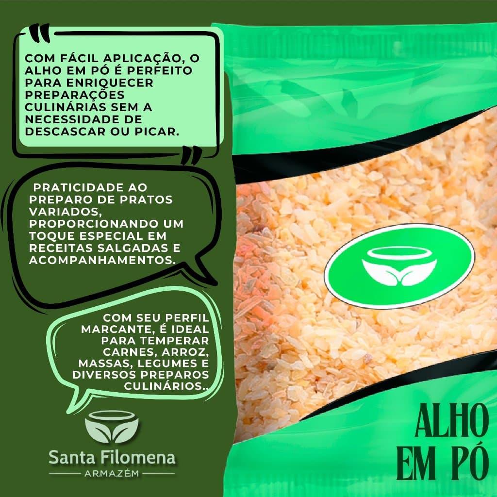 Alho em Pó: Tempero puro e concentrado, indispensável para dar sabor e praticidade às suas receitas.
