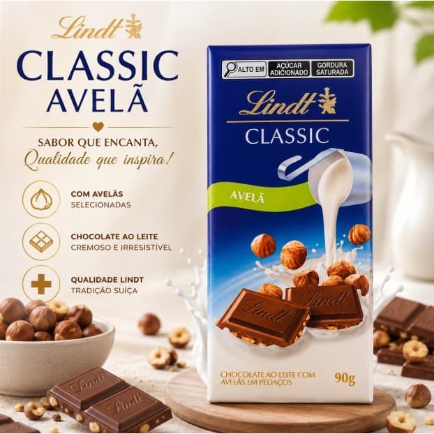 Chocolate Lindt Classic Avelã 90g Barra Chocolate ao Leite com Avelãs Importado Suíço