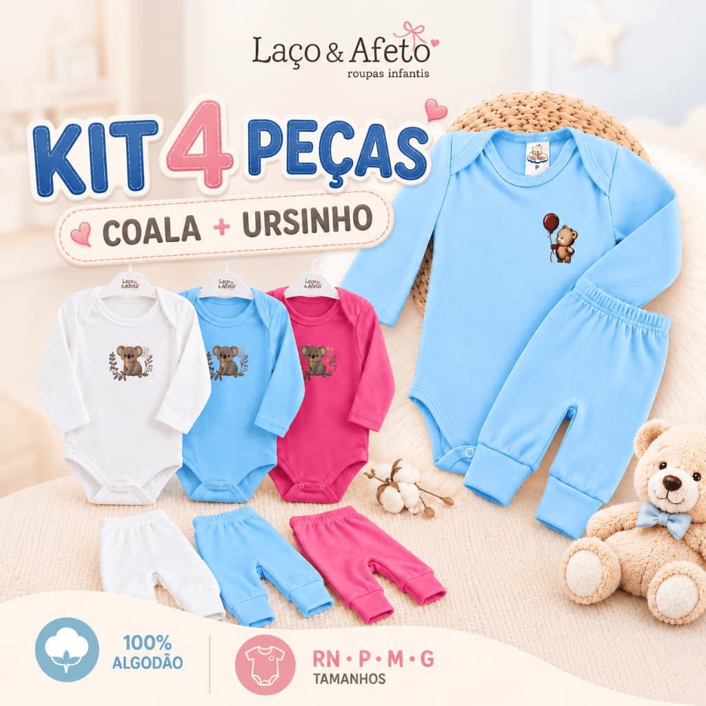 Kit Enxoval Bebê 4 Peças Body Manga Longa Mijão Vira Pé Algodão Coala Ursinho