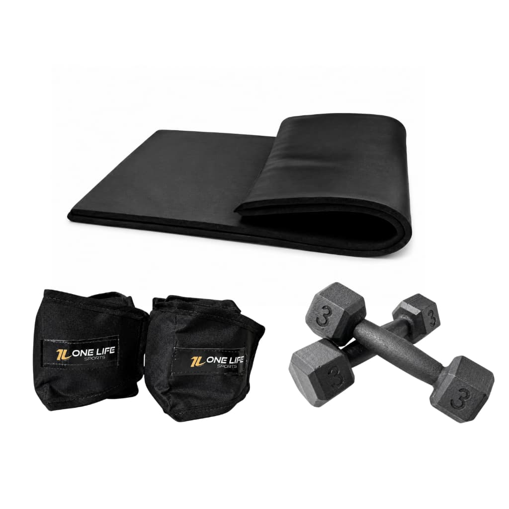 Kit Colchonete + Halter 3 Kg + Caneleira 3 Kg | One Life Sports® Academia Musculação Fitness Gym