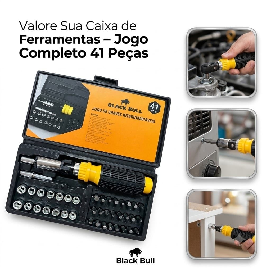 Jogo de Chaves Intercambiáveis 41 Peças Kit Ferramentas com Soquetes Bits Chave Catraca Manutenção Oficina