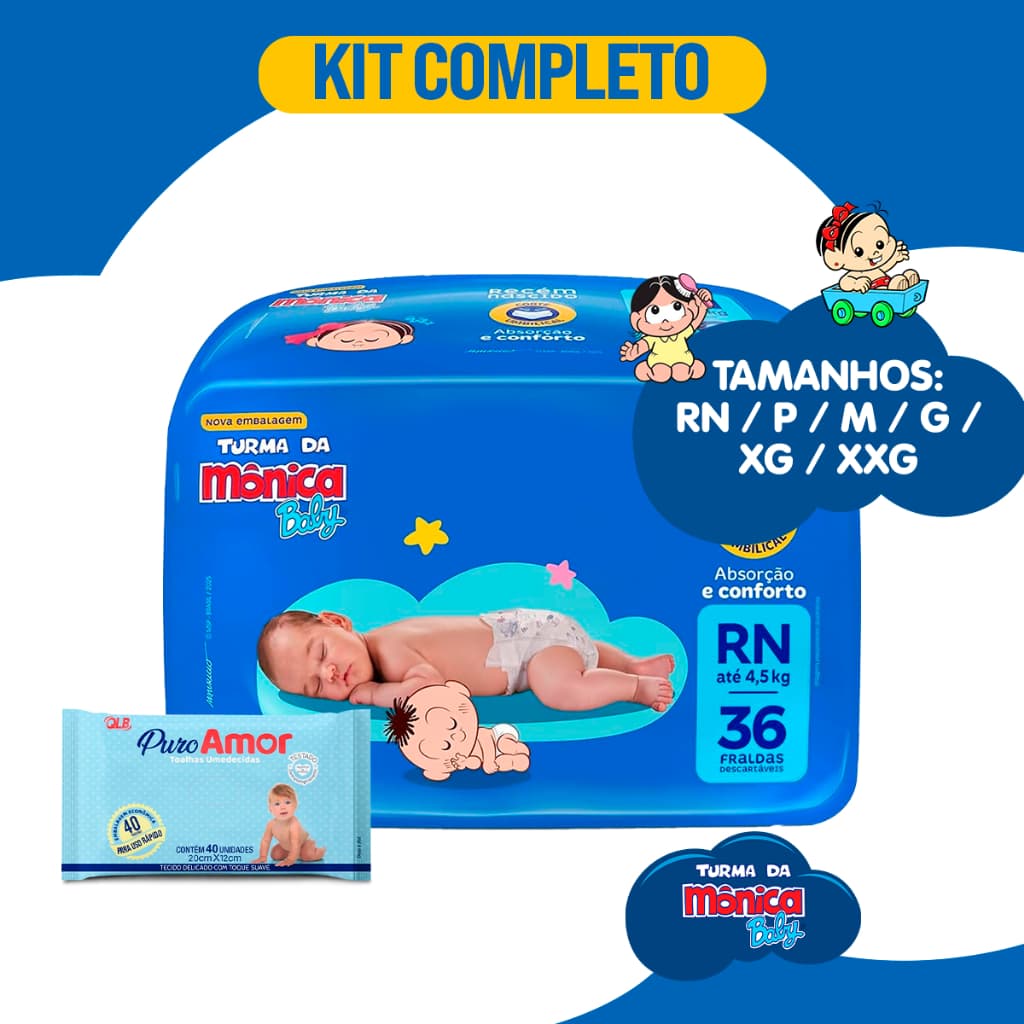 kit com 2 Pacotes de fralda turma da Mônica descartável + lenço umedecido chá kit fralda