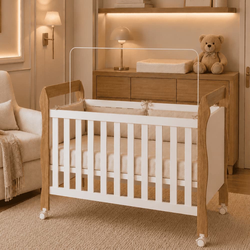 Berço Soninho Branco/Amadeirado Americano Vira Mini Cama Rodízios Moderno Infantil Colchão Incluso - AV