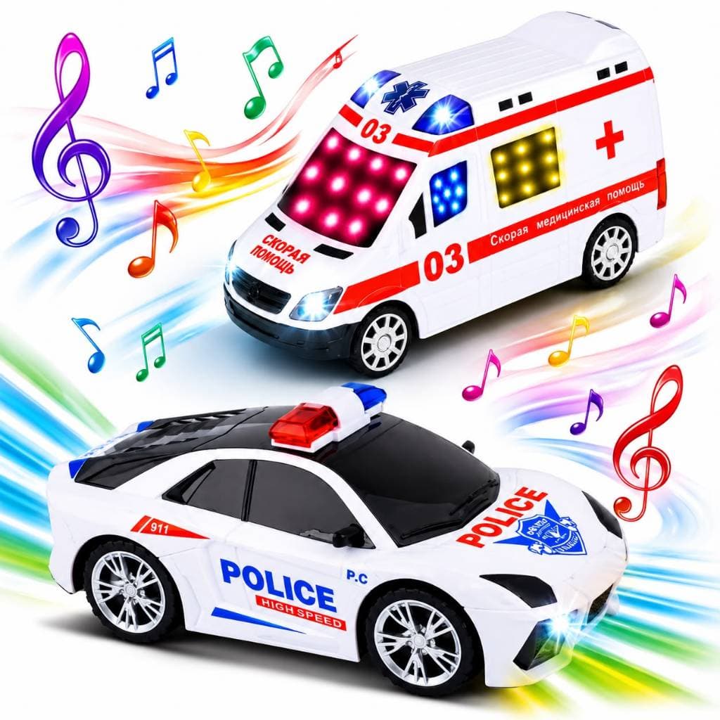 Kit Carrinho de Polícia e Ambulância Anda Sozinho Com Som e Luz
