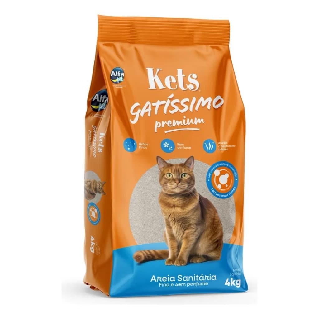 Areia Sanitária Kets Gatíssimo Kit 2un Premium 4kg – Grãos Finos, Sem Perfume, Neutraliza Odores e Forma Torrões Firmes