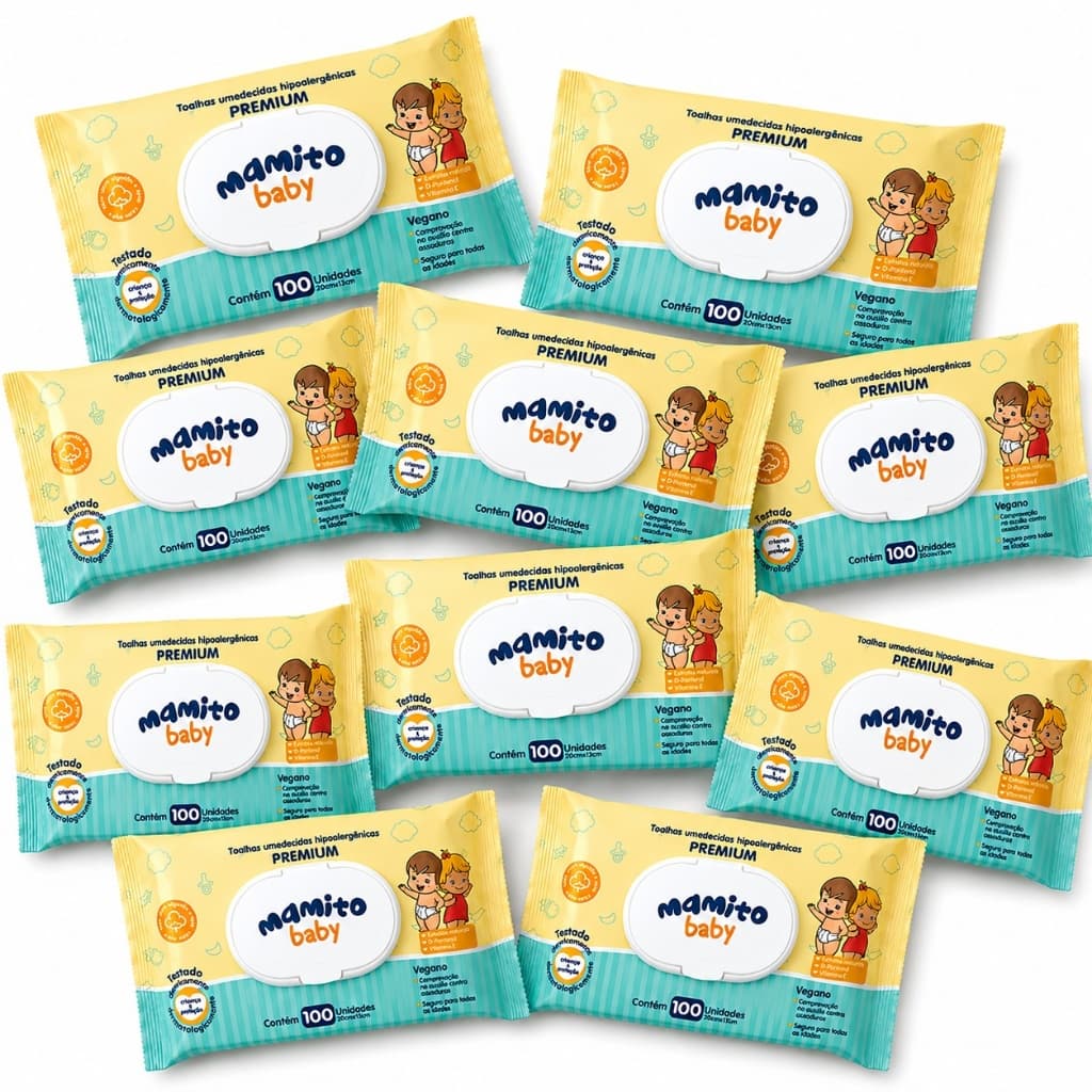 Kit 10 Lenços Umedecido 100 Folhas - Com Tampa Flip Top, Limpeza Delicada - Mamito Baby